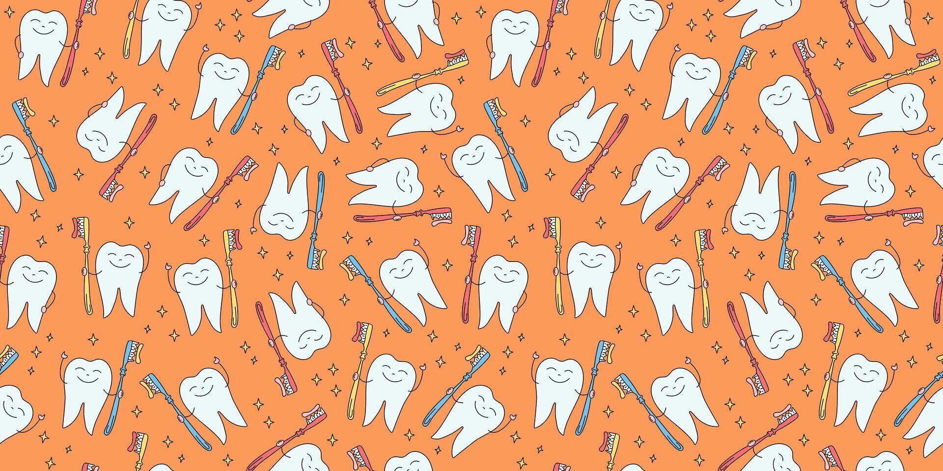 Dentistry pattern. Tooth with a toothbrush in hand. Brushing teeth, oral hygiene. Shiny healthy happy white tooth. Stars. Doodle style. graphics. Seamless background. vector