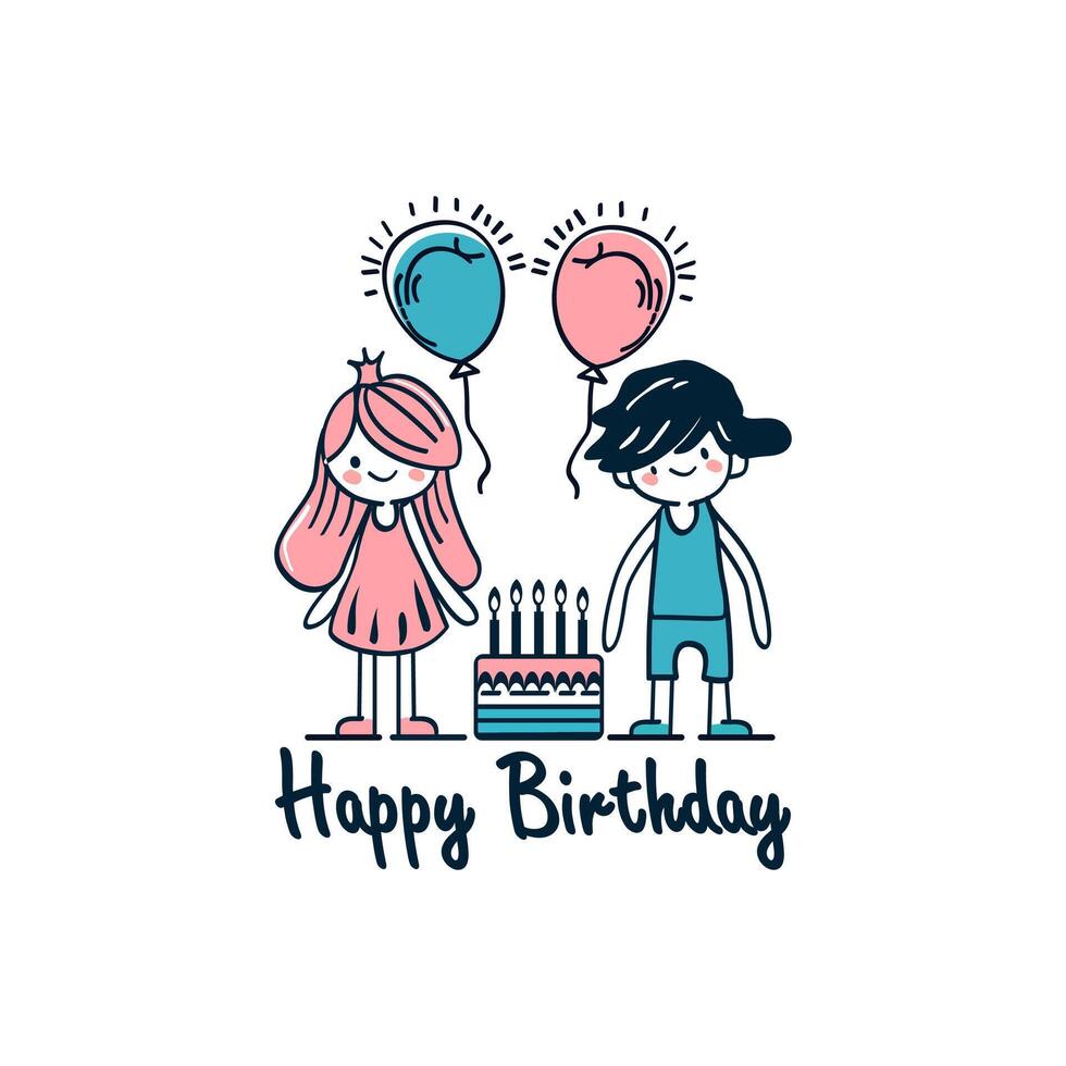 contento cumpleaños tarjeta con dos niños y globos vector
