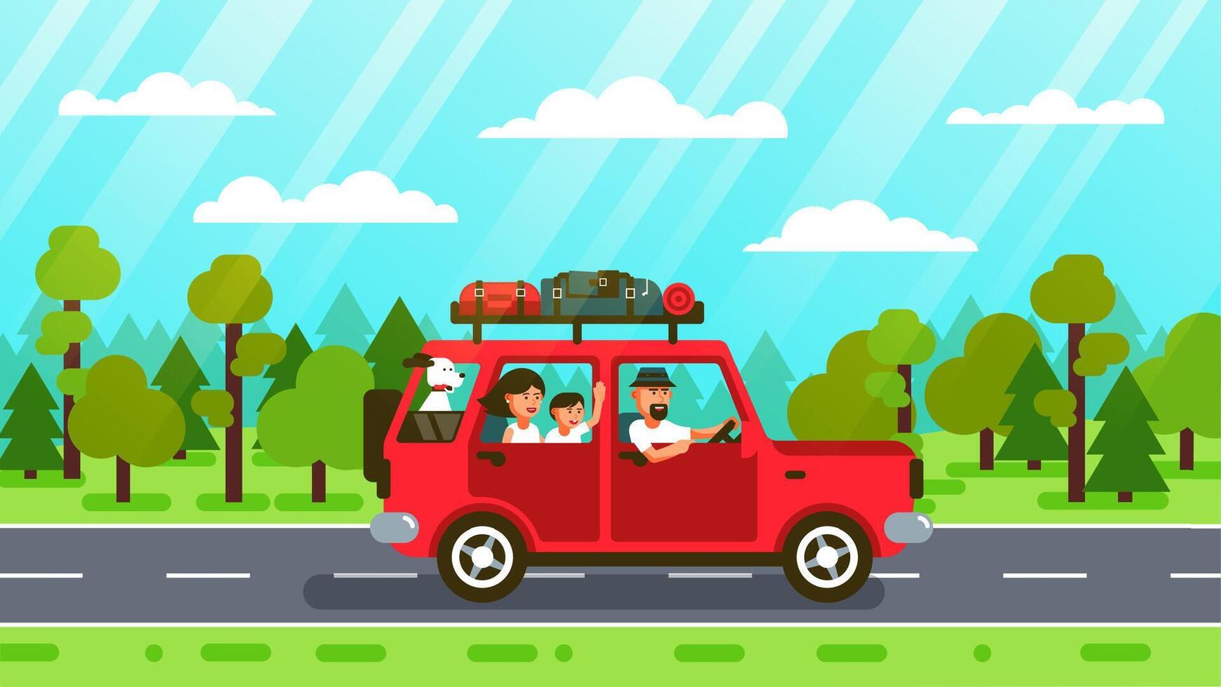 Family rides in forest by car vector