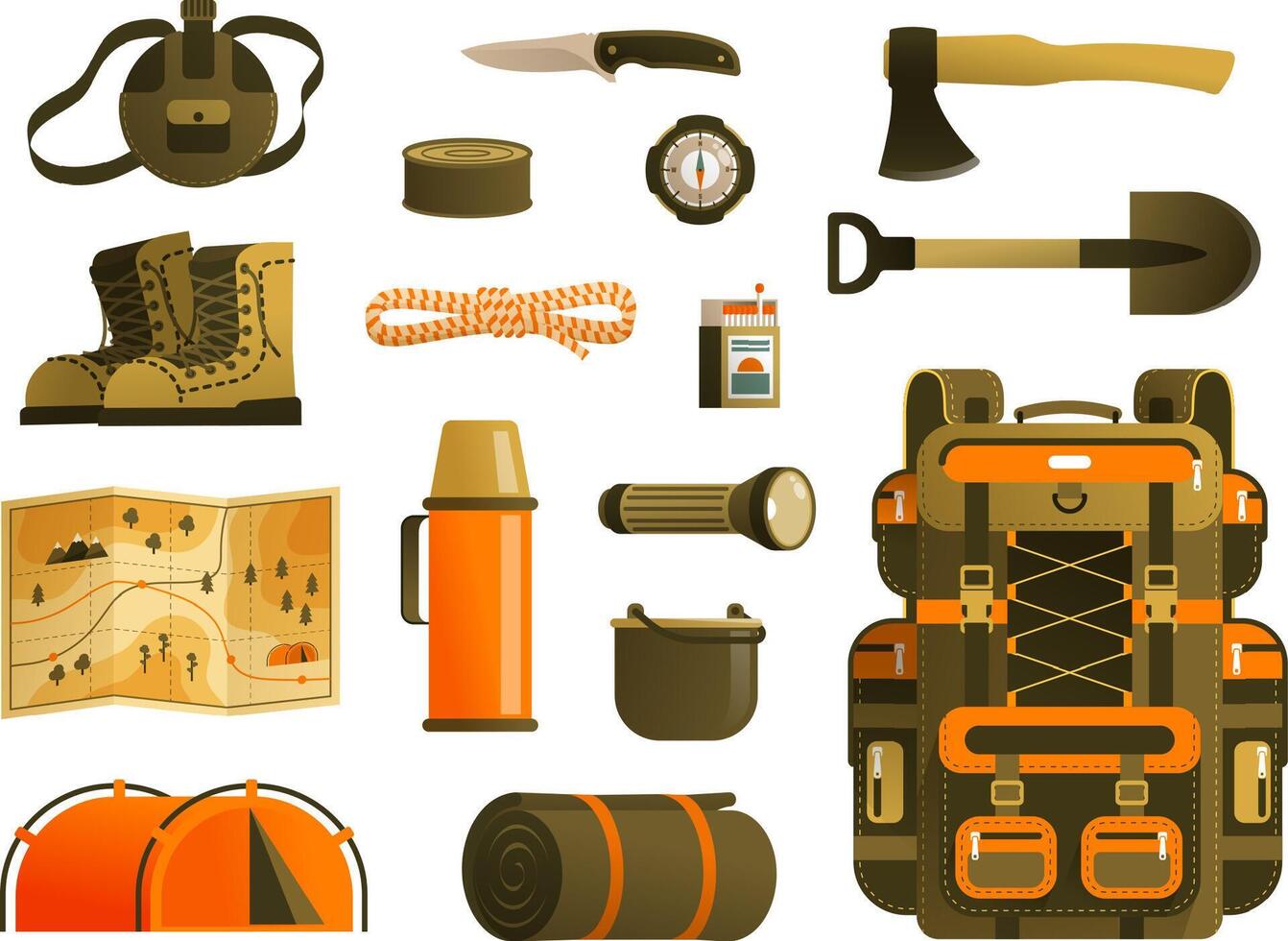 Camping backpack and tourist survival kit vector