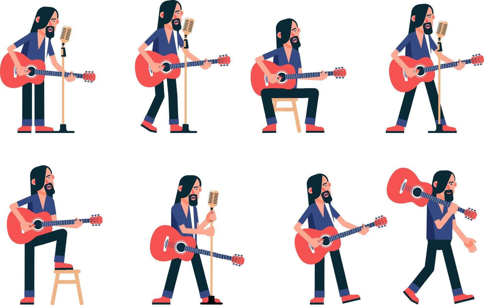 Singer with acoustic guitar poses vector