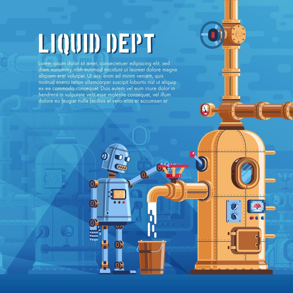 The robot pours liquid from a reservoir vector