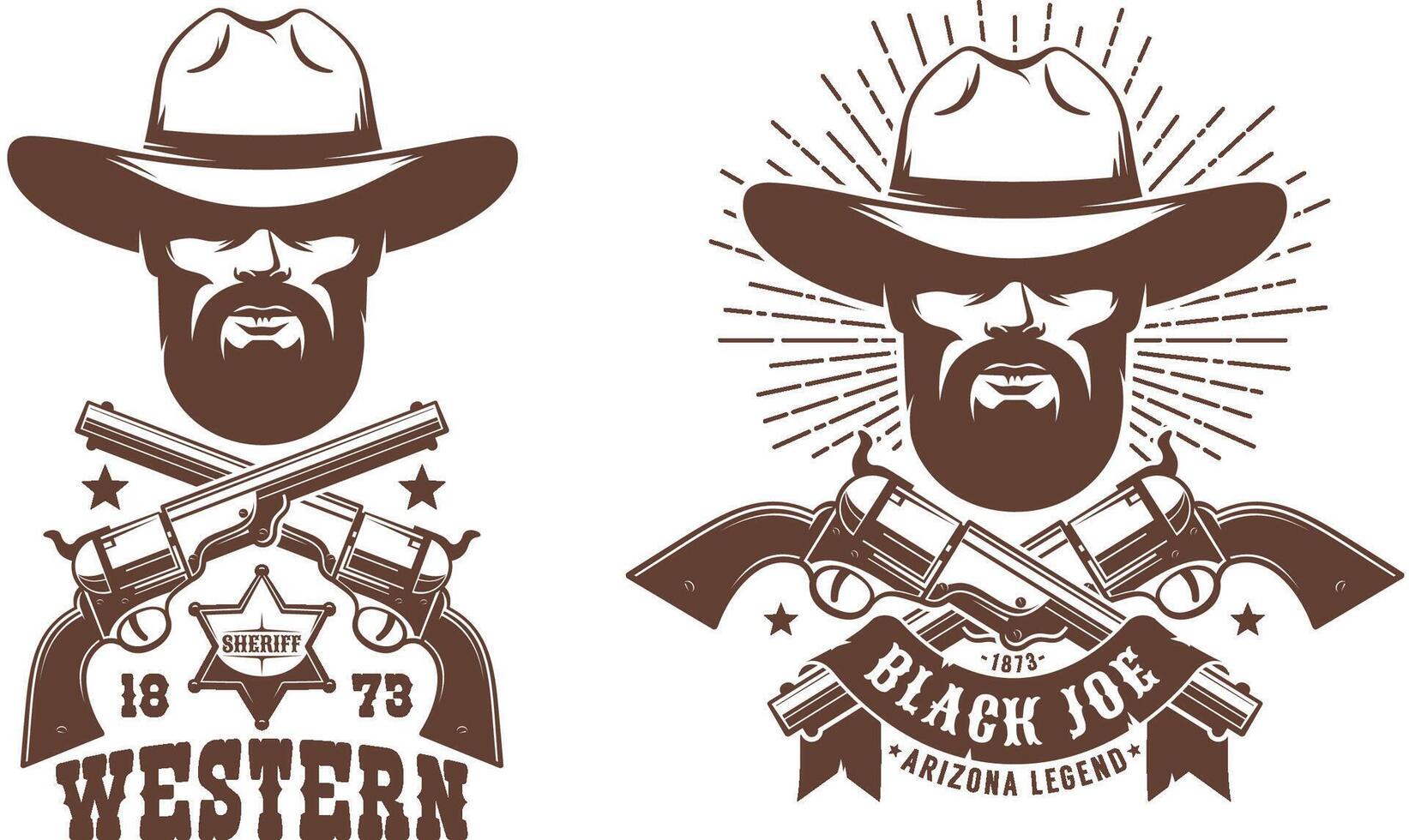 Cowboy bearded in hat with crossed guns retro logo vector