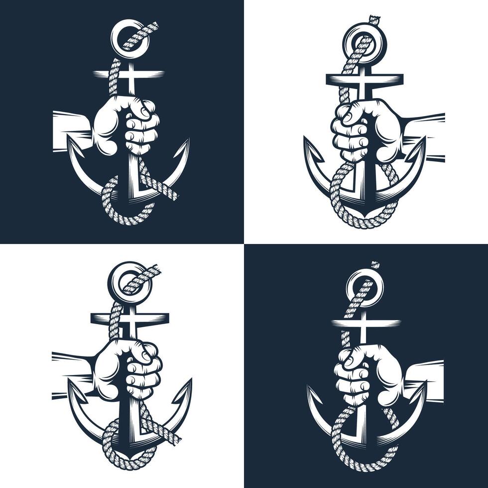 Sailor hand holds an anchor with rope vector