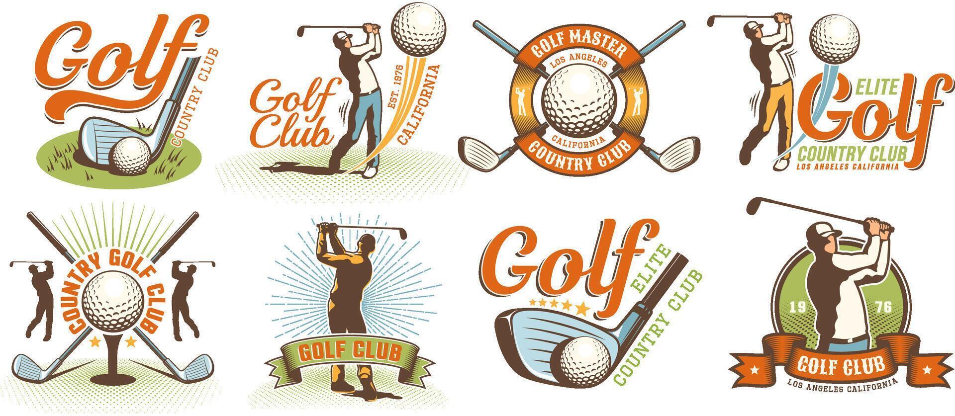 golf retro logo con clubs pelotas y golfista vector