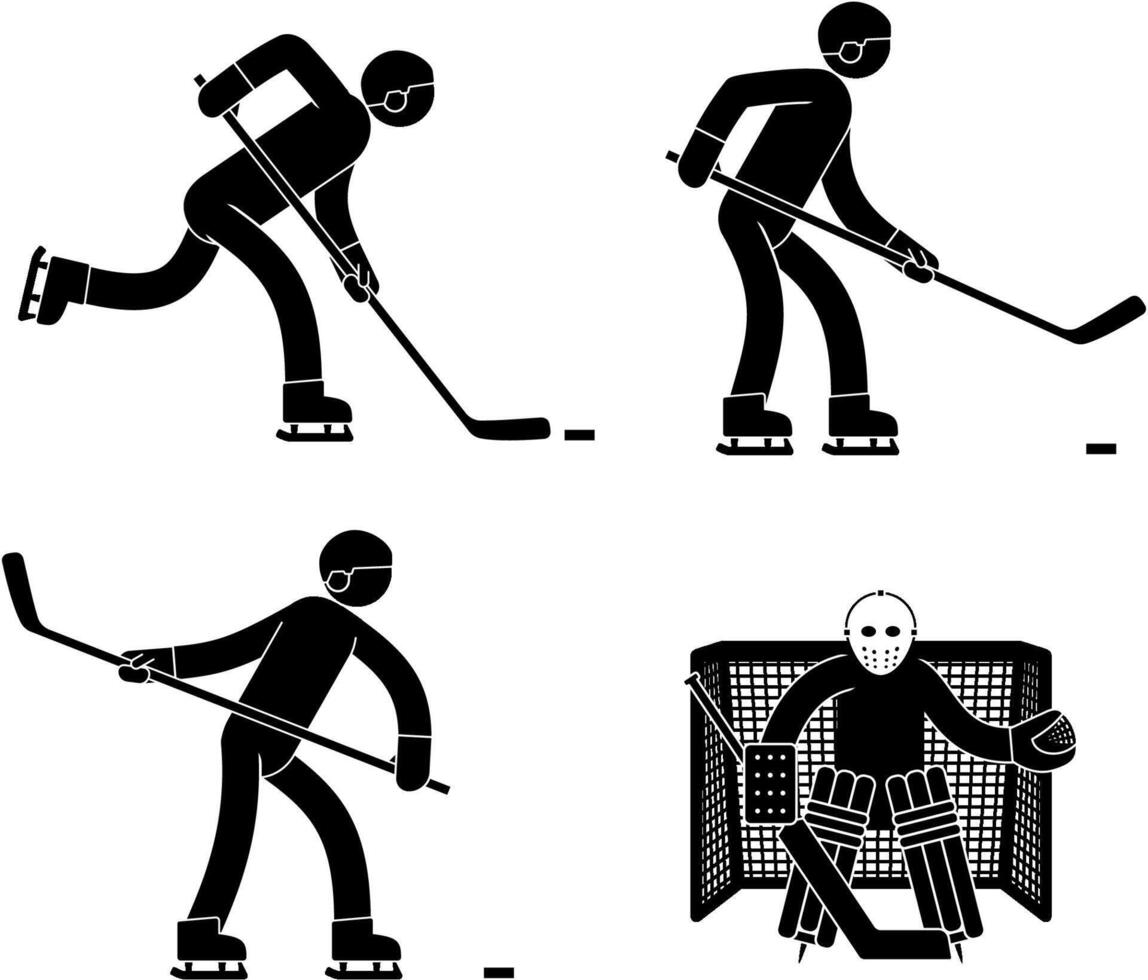 Pictogram man is a hockey player and goalkeeper in various poses vector