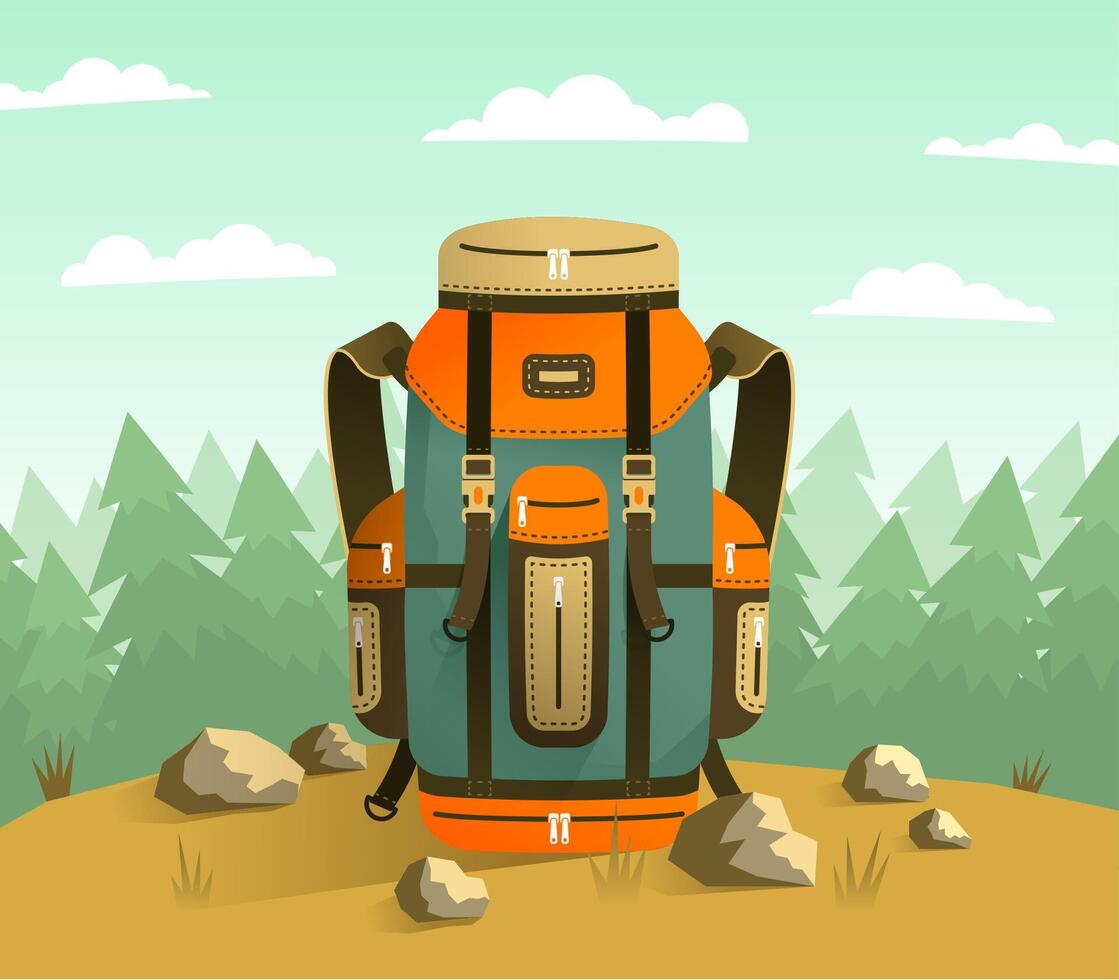 Camping backpack on the background of forest vector
