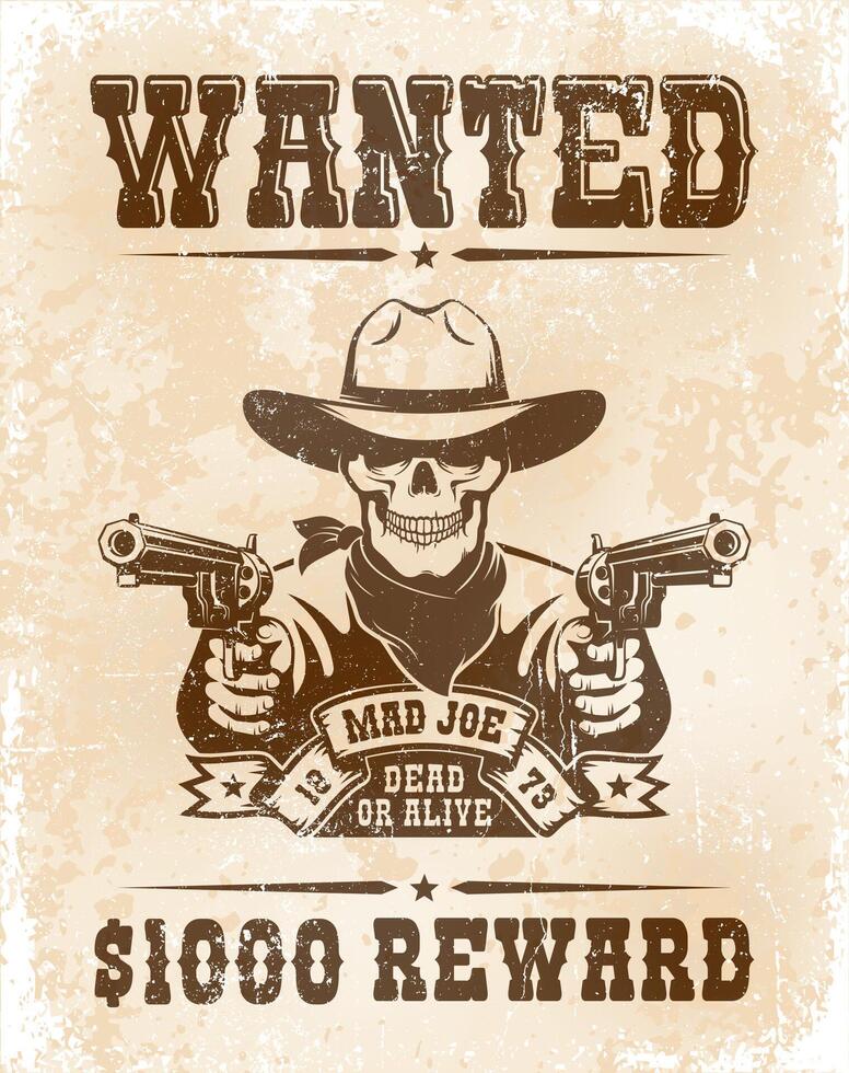 Wanted poster with skull cowboy with guns vector