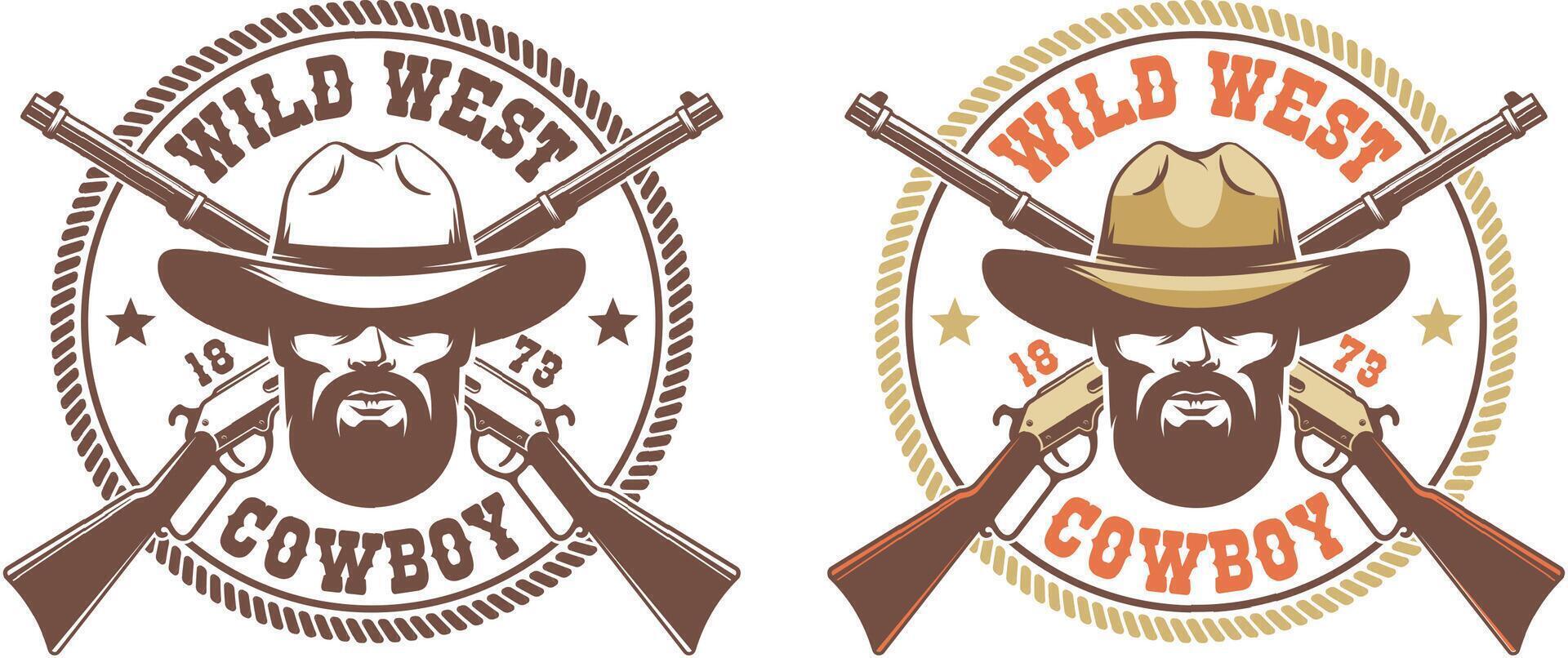 Wild west retro logo - cowboy in hat with crossed guns winchesters vector