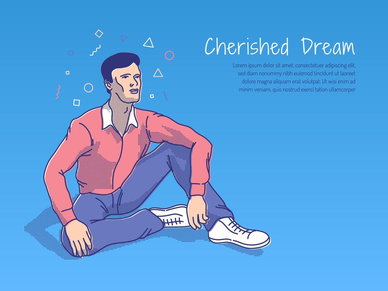 Dreamer man sits on the ground and looks at the distance with inspiration vector