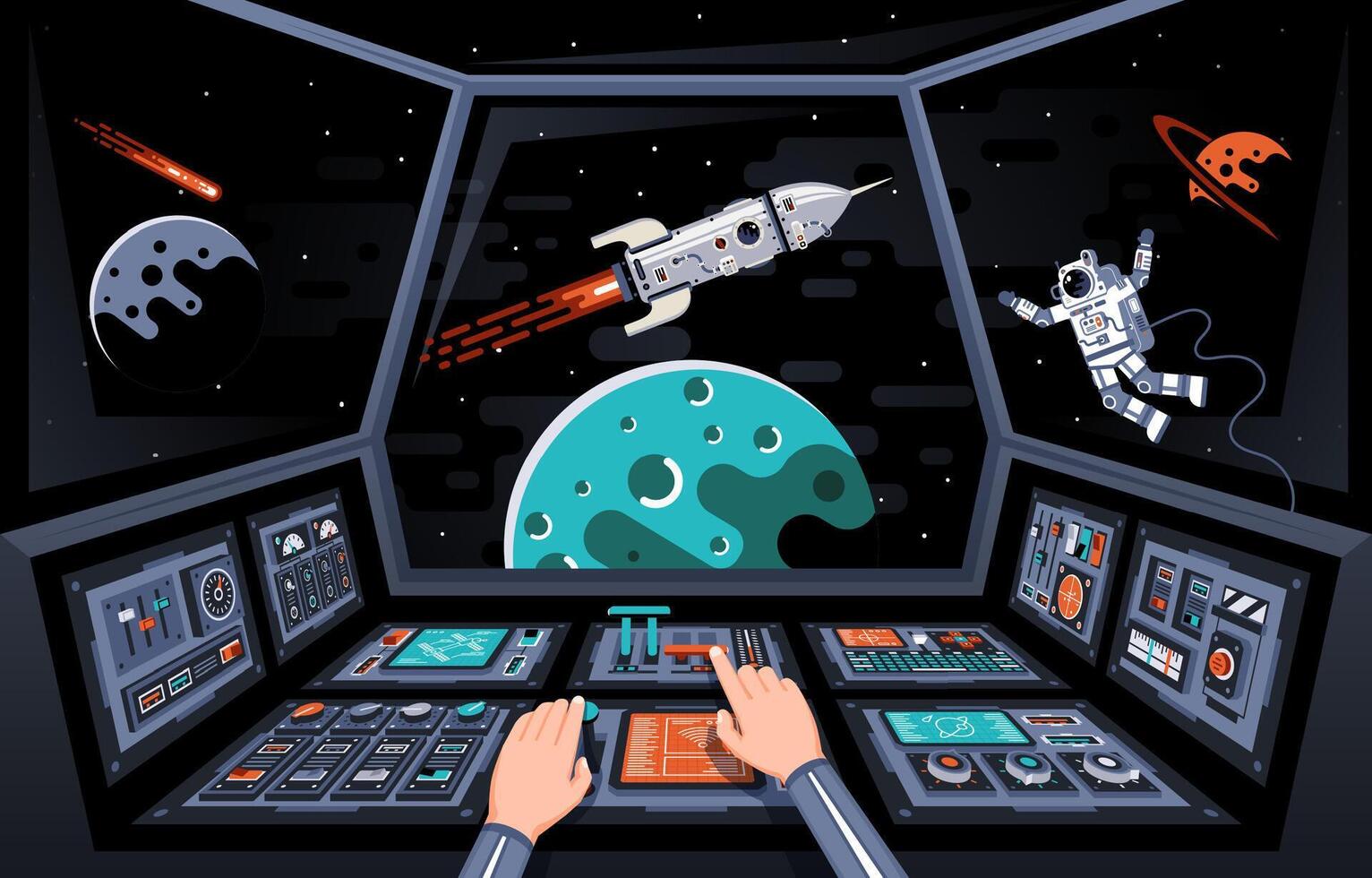 Control panels and view from the cockpit of the spaceship vector