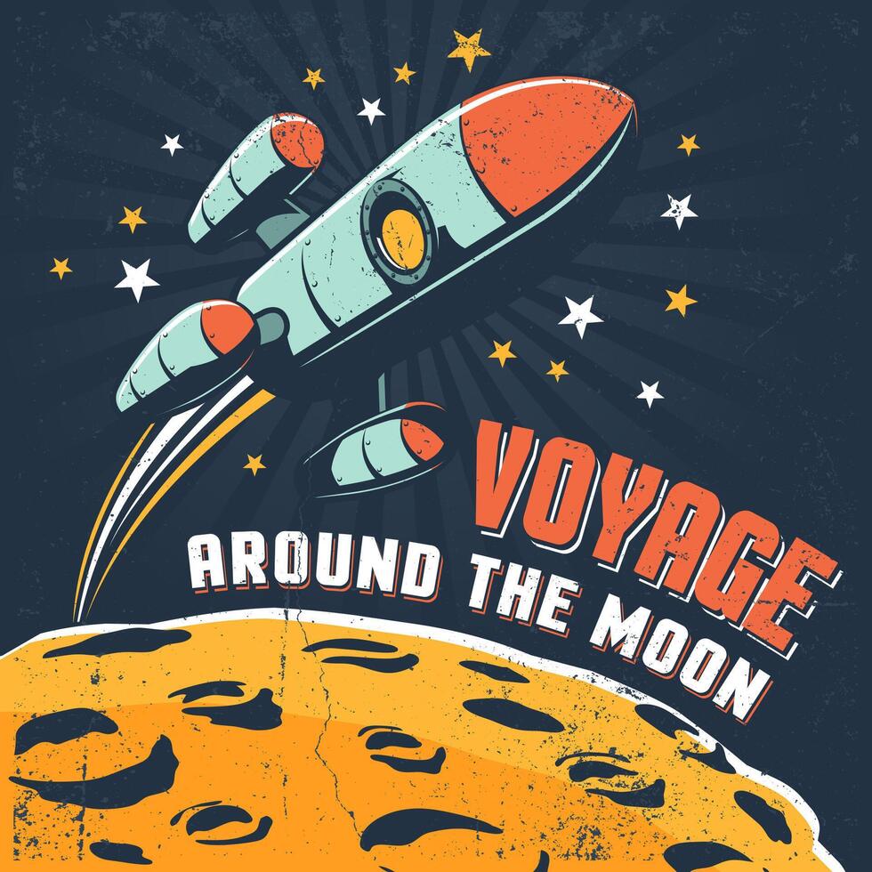 Rocket flying around moon orbit vector