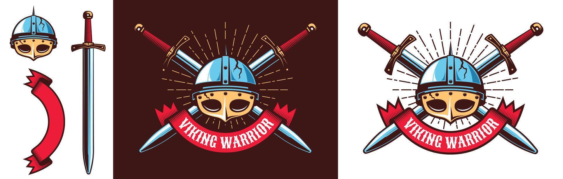 Medieval northern Viking warrior logo. Helmet with mask and crossed swords with heraldic ribbon. illustration. vector