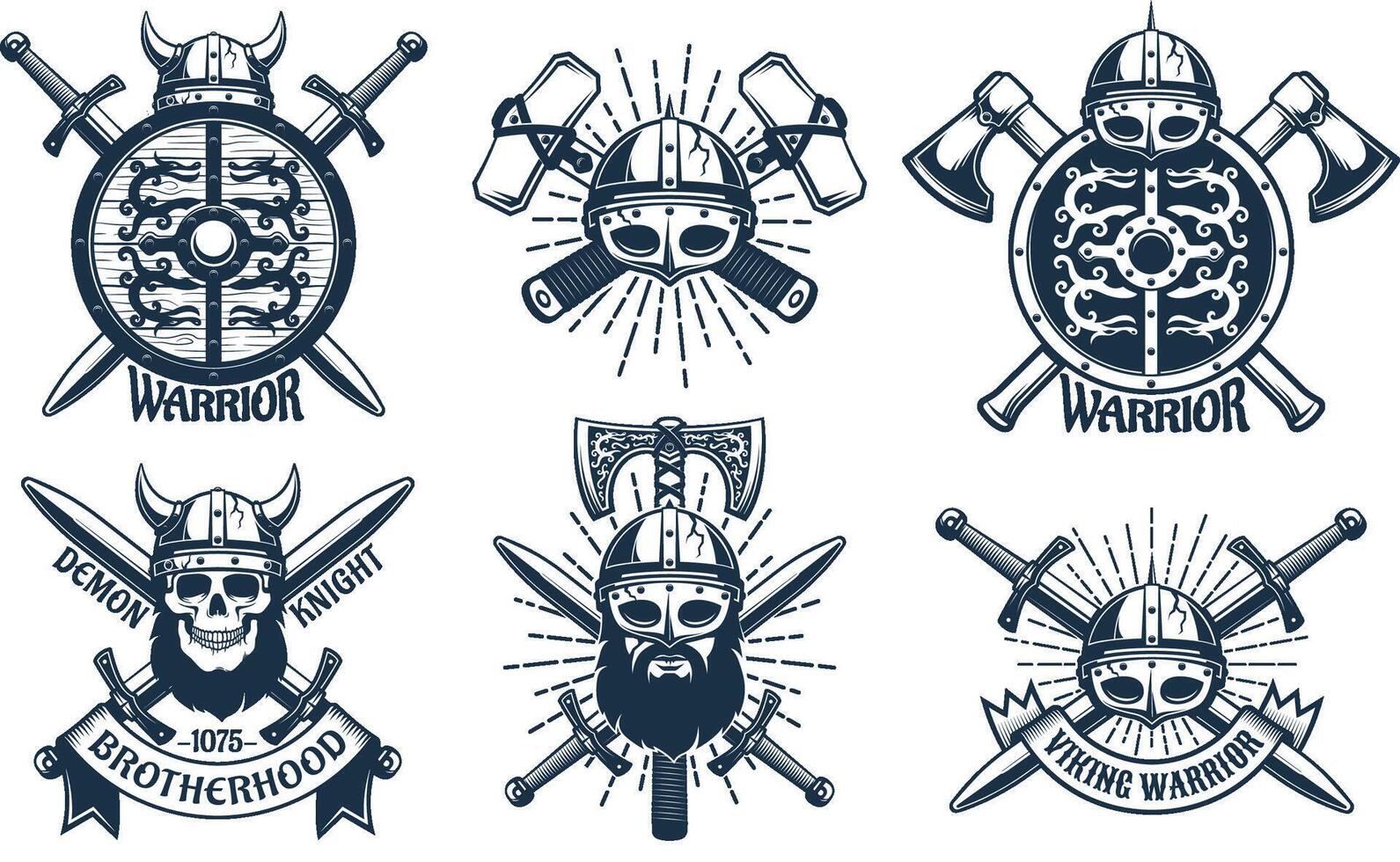 vikingo logo conjunto en retro sello estilo. heráldico emblemas con guerreros y vikingo armas Clásico ilustración. vector