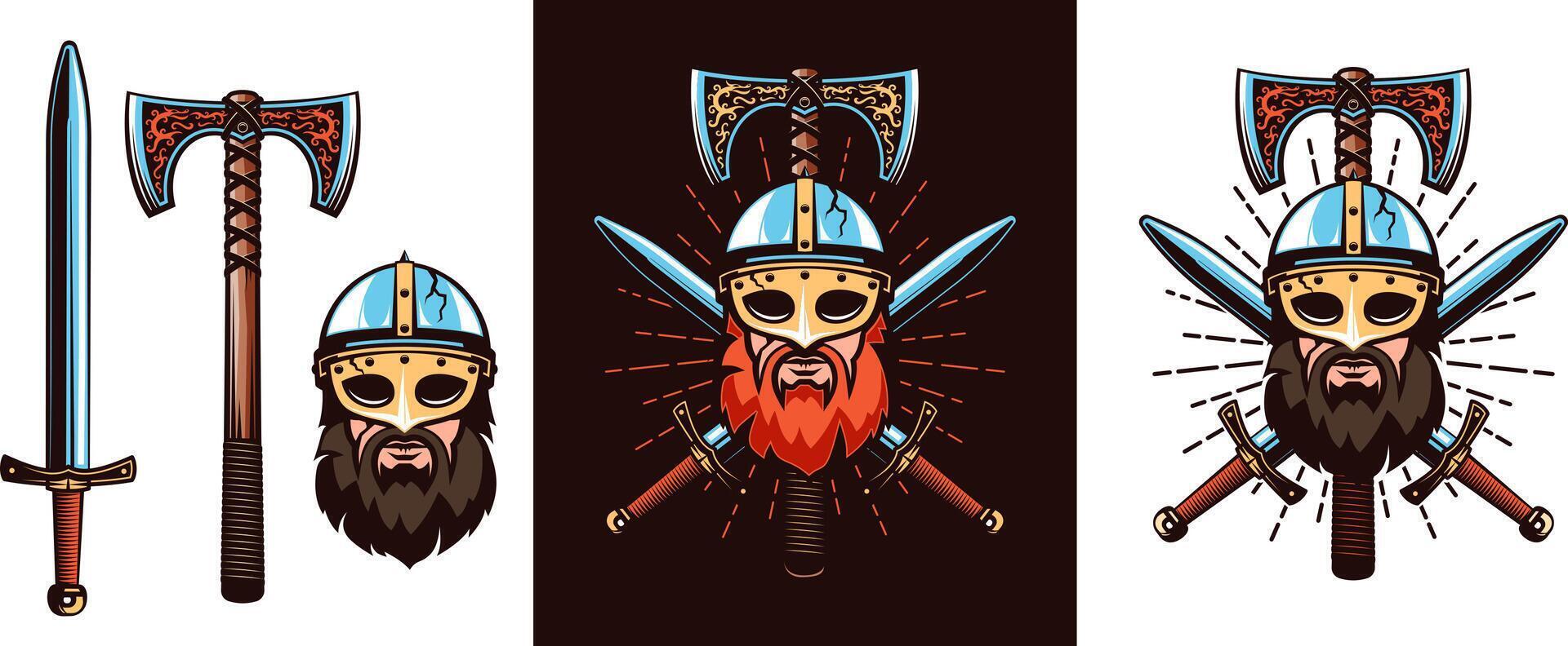 Warrior emblem with bearded Viking in helmet, double-edged axe and crossed swords. illustration. vector