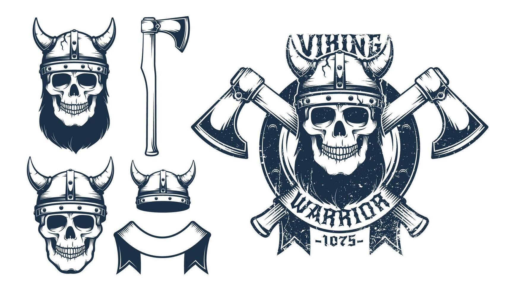 Viking skull emblem with crossed axes vector