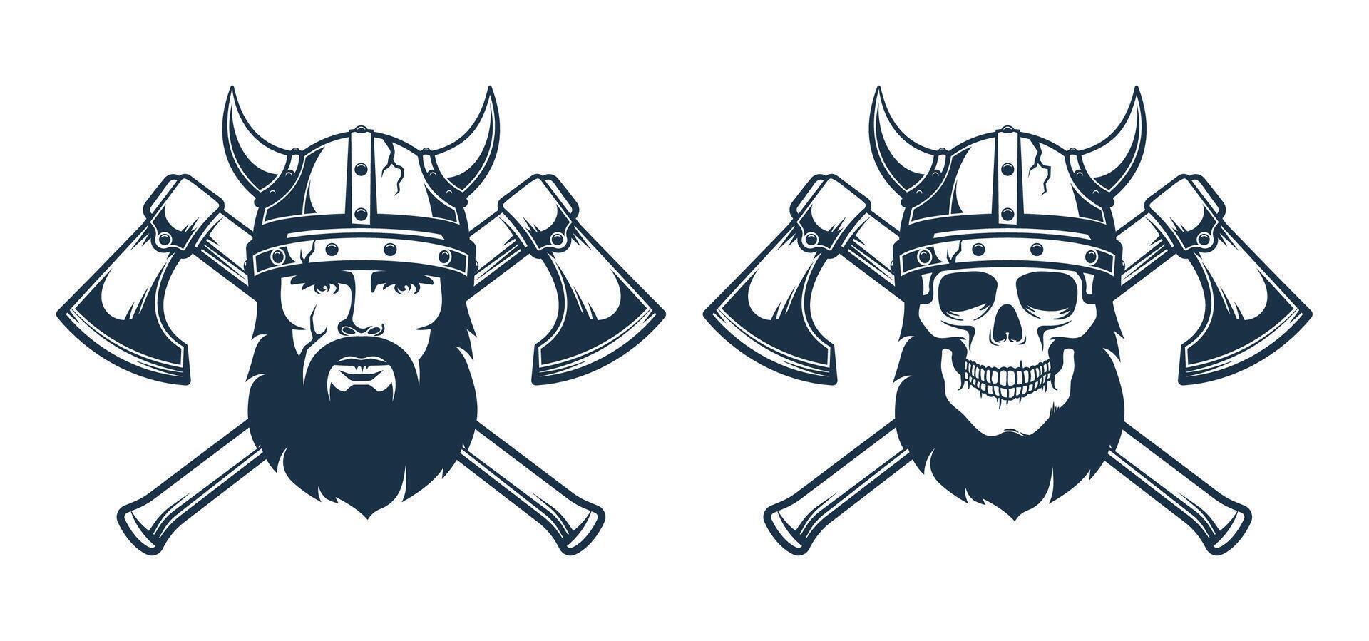 vikingo emblema tatuaje - barbado guerrero en un con cuernos casco y cruzado hachas opción con un cráneo. ilustración. vector