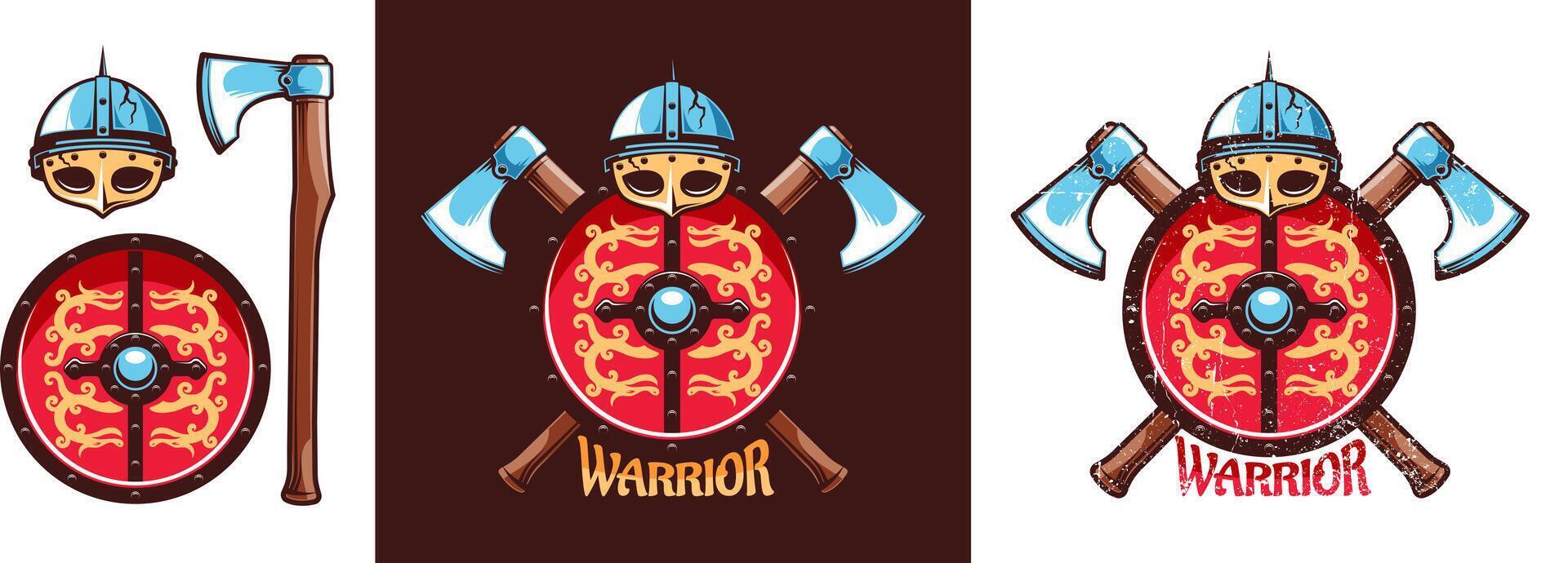 Viking emblem with helmet, dragon shield and crossed battle axes. illustration. Worn texture on a separate layer. vector