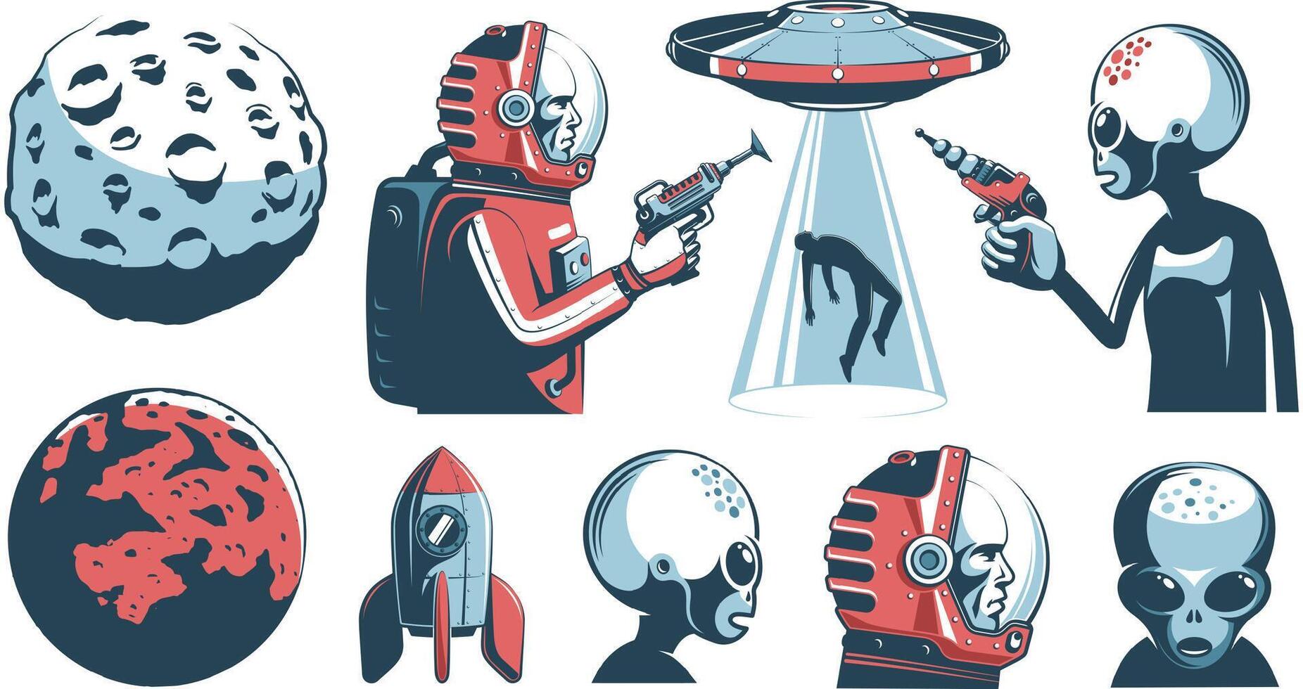 Alien UFO vintage set with astronaut and martian. Space retro design elements. illustration. vector