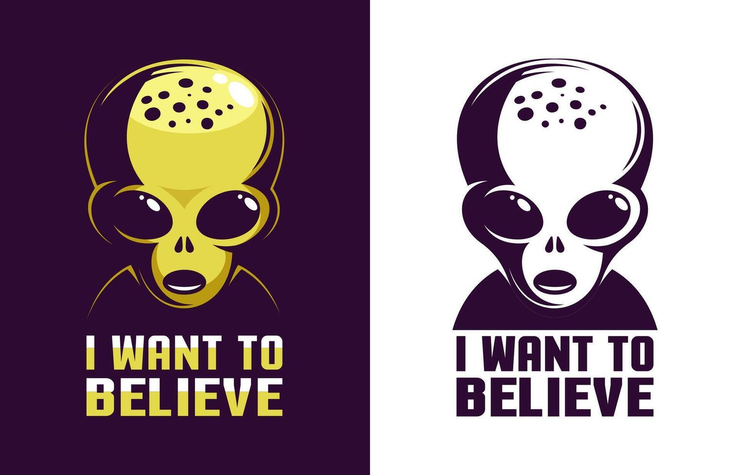 Alien head retro logo with the inscription I want to believe. Extraterrestrial life emblem. illustration. vector