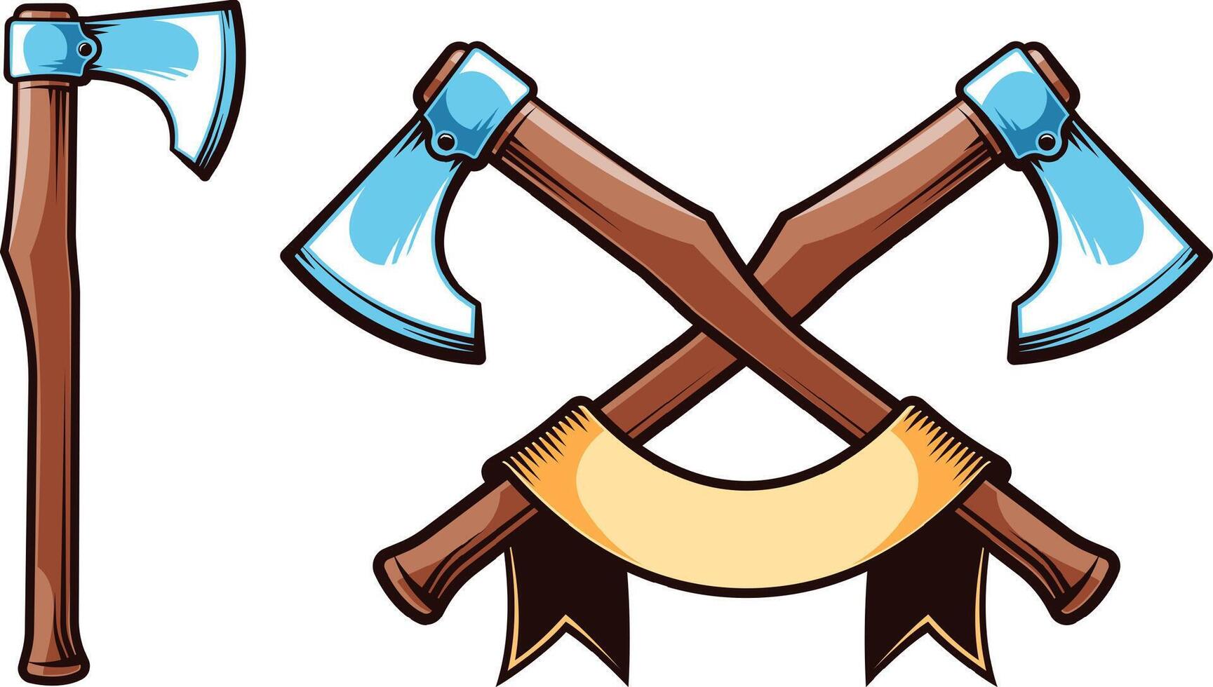 Viking battle axe. Big crossed axes emblem with ribbon vector