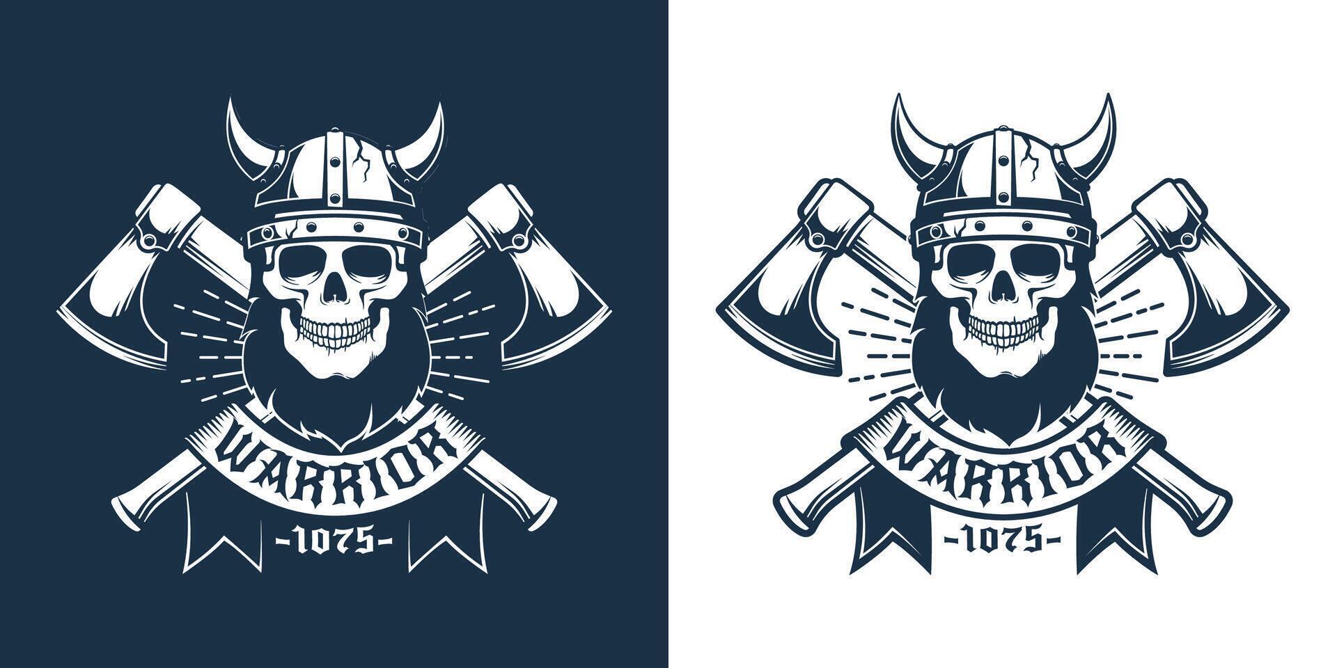 Viking skull with beard in horned helmet vector