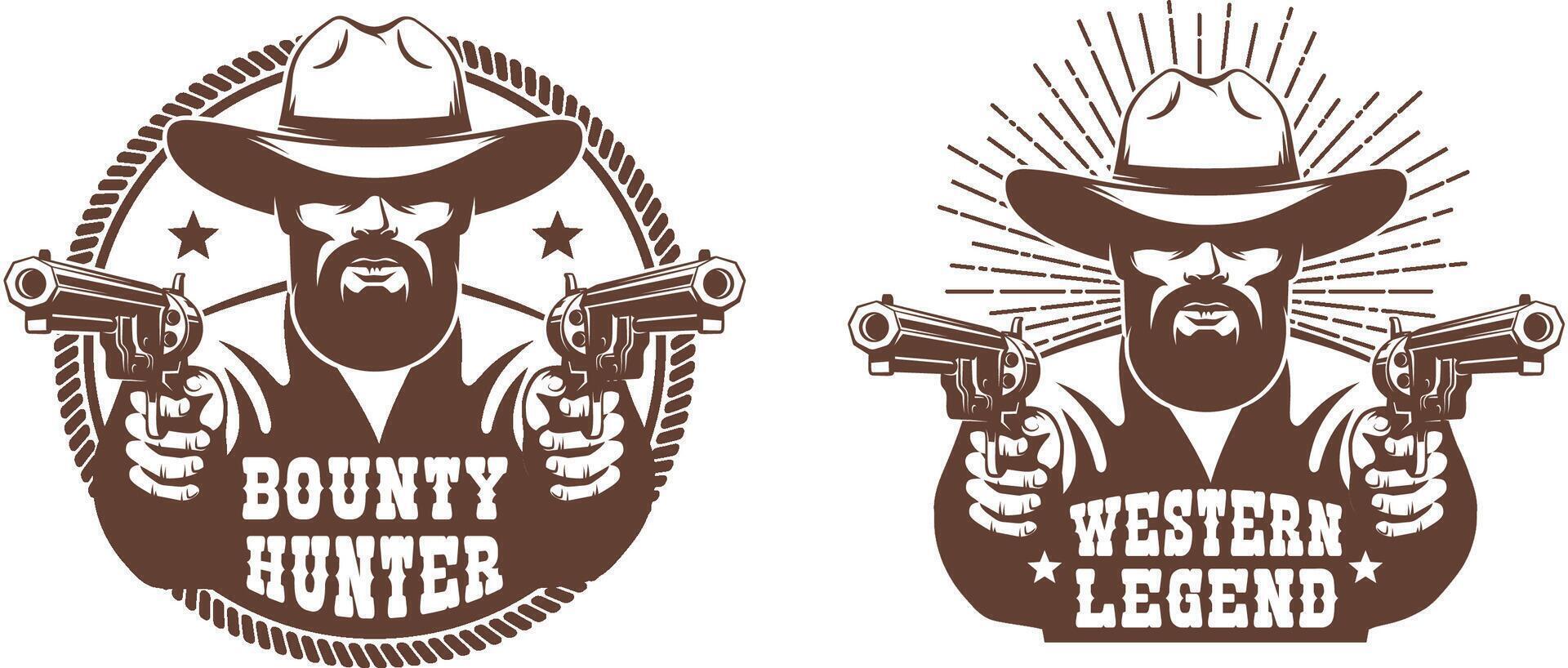 occidental vaquero con barba y dos pistolas - retro emblema vector