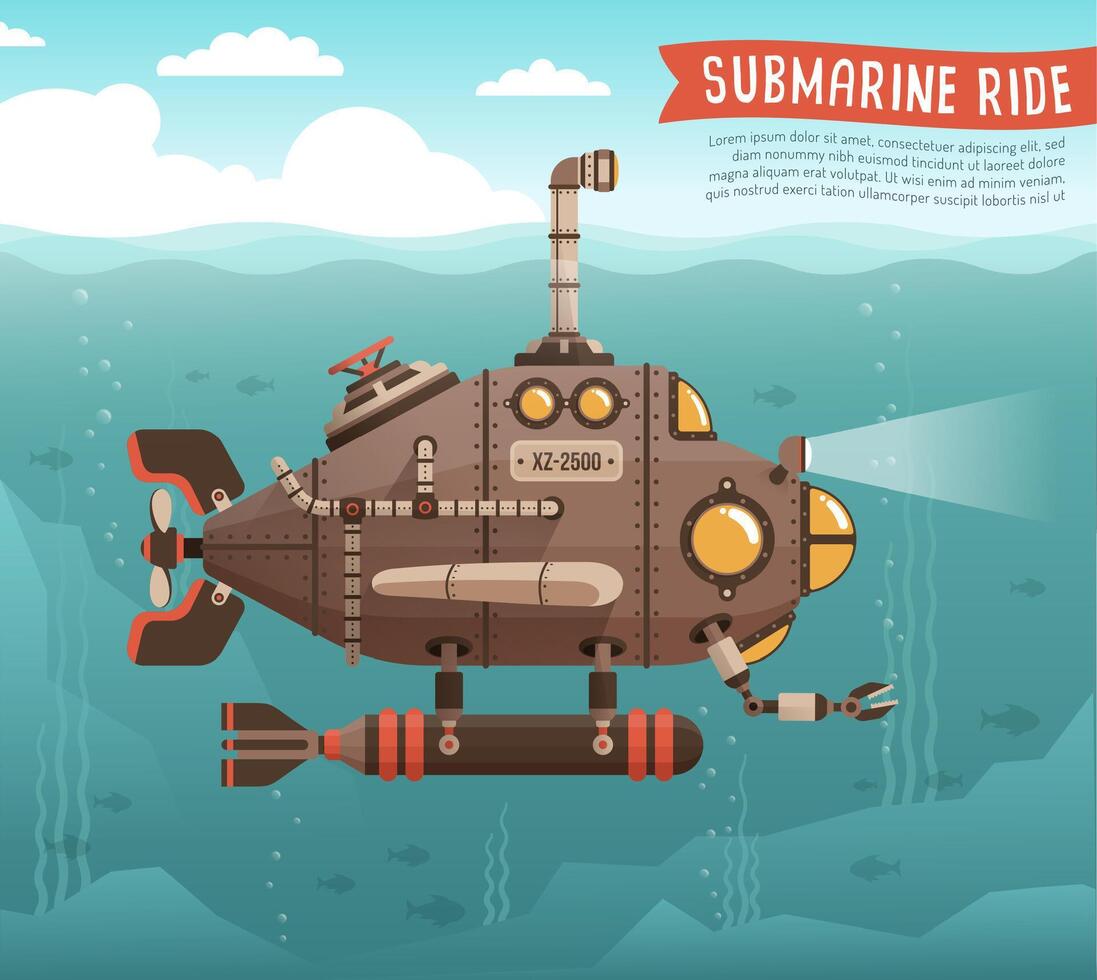 Steampunk submarino en el Oceano vector