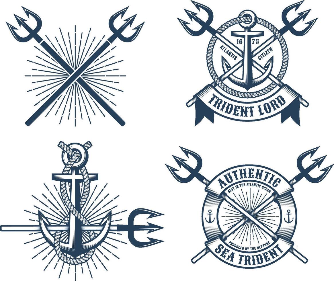 Vintage hipster navy tattoo logos with tridents ribbons and anchors vector