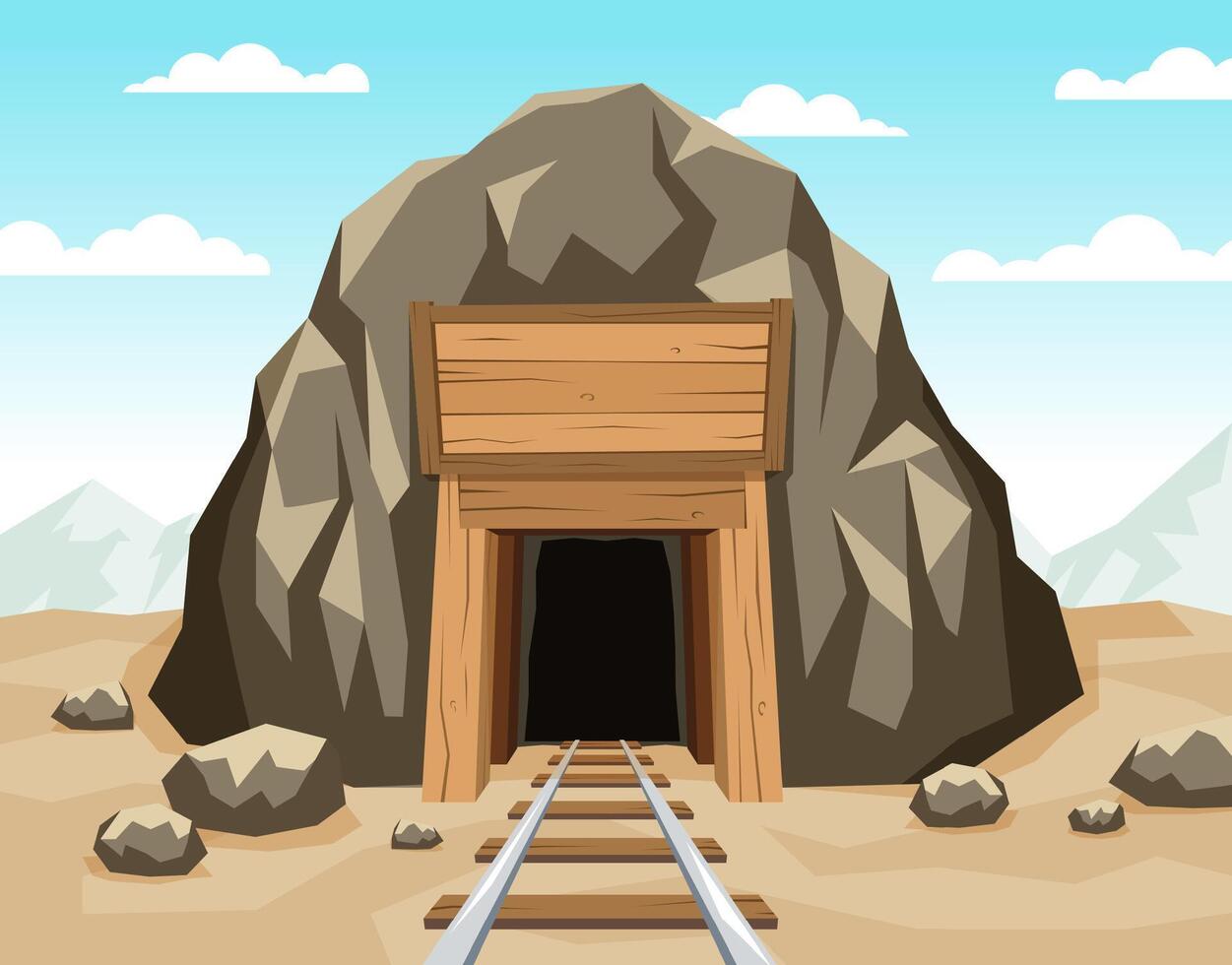 Gold mine entrance with rails in the rock vector