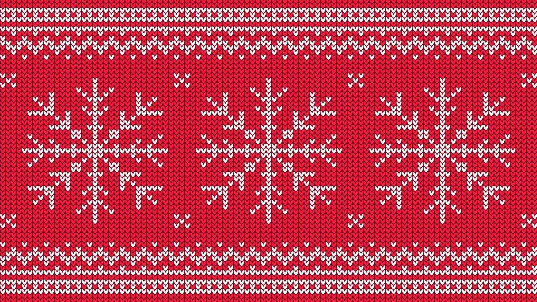 Knitted pattern with white snowflake and ornamental border on red background. vector