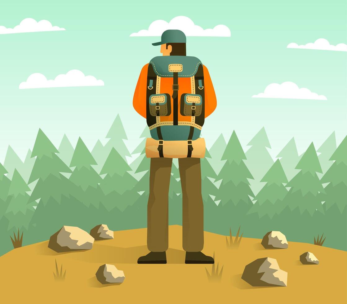 Man with camping backpack back view vector
