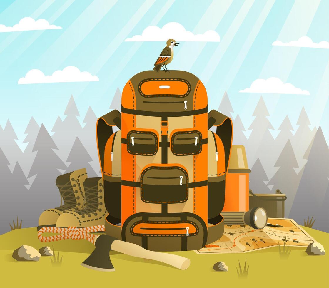 Camp backpack standing on the grass against forest vector