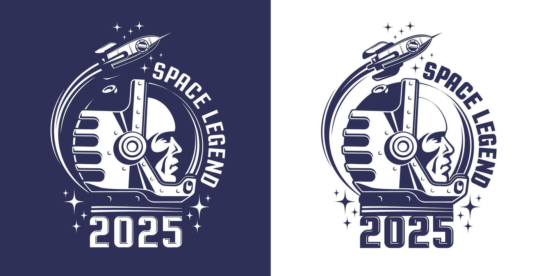 Astronaut in helmet logo in retro style. Spaceman in a space suit and a flying rocket - vintage emblem. illustration. vector