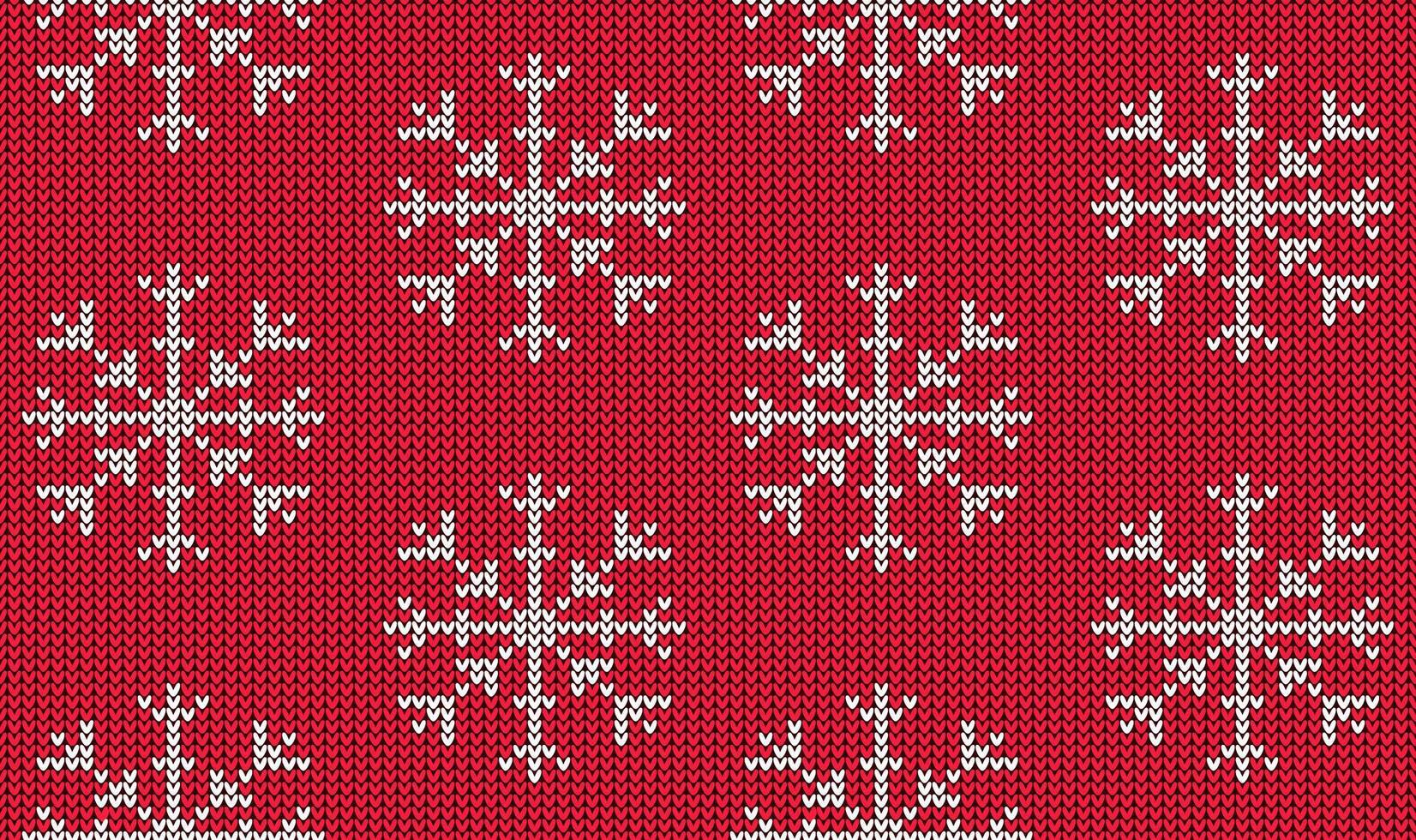 Knitted pattern with white snowflake and ornamental border on red background vector