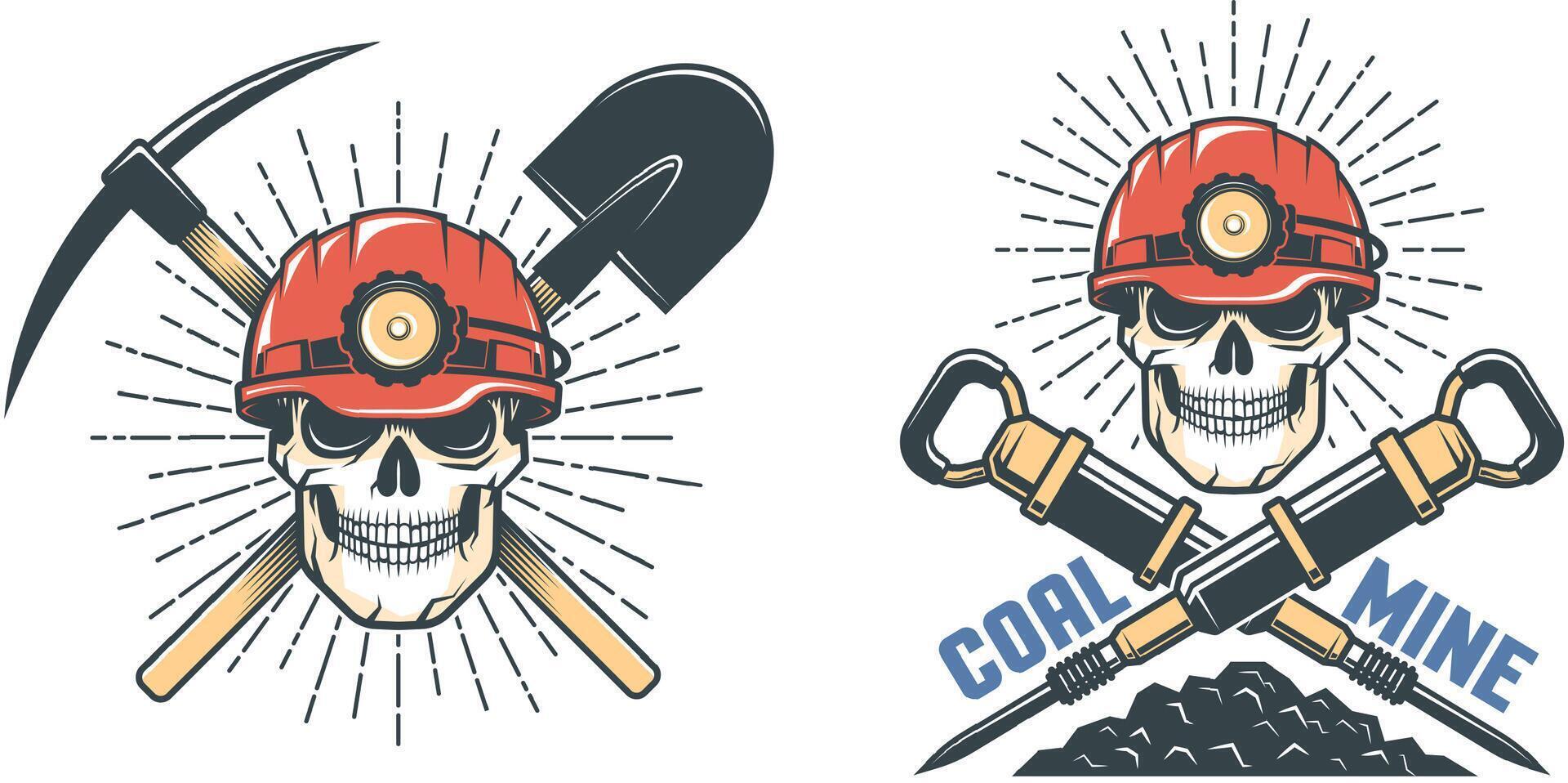 Skull miner in hardhat with pickaxe and shovel vector