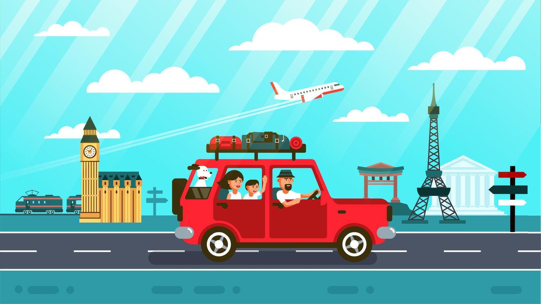 Family with dog in vacation vector