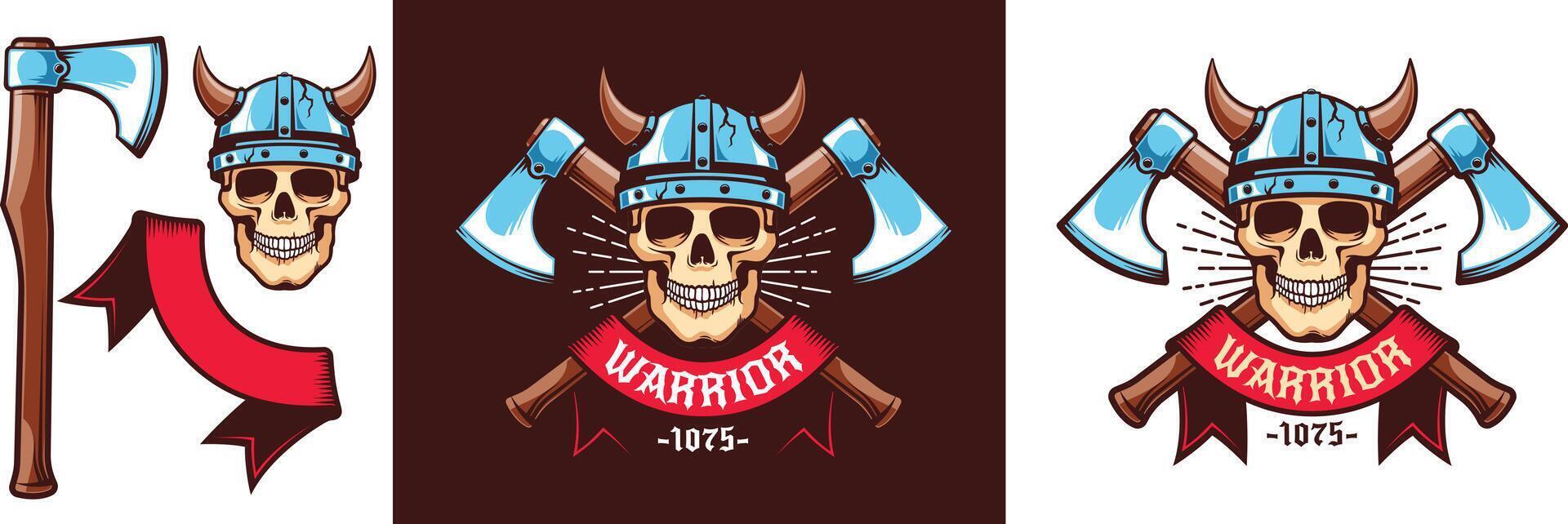 Warrior logo with skull in Viking helmet and crossed battle axes. illustration. vector