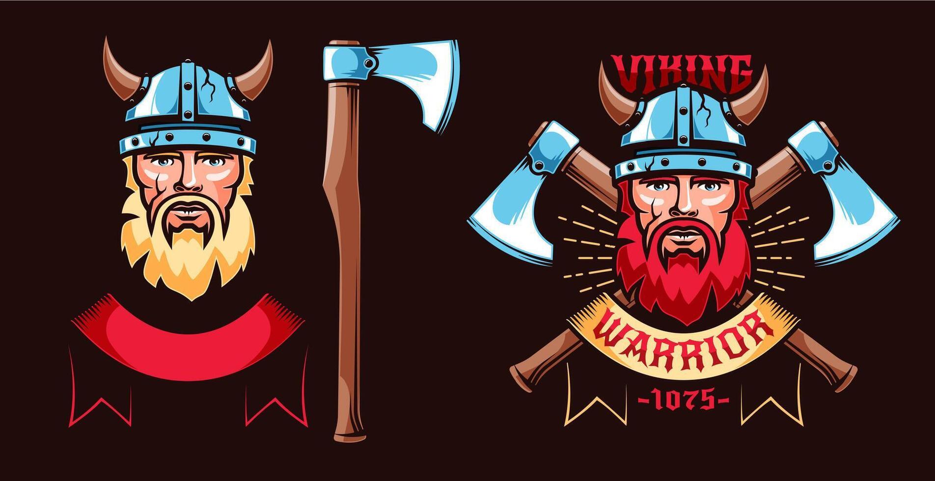 Viking warrior retro logo with bearded Scandinavian in a horned helmet and crossed axes. Design elements of viking emblem. vector