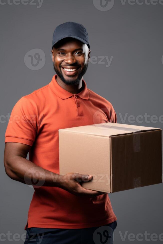Delivery Concept - Portrait of Happy African American delivery man holding a box package. Isolated on Grey studio Background. photo