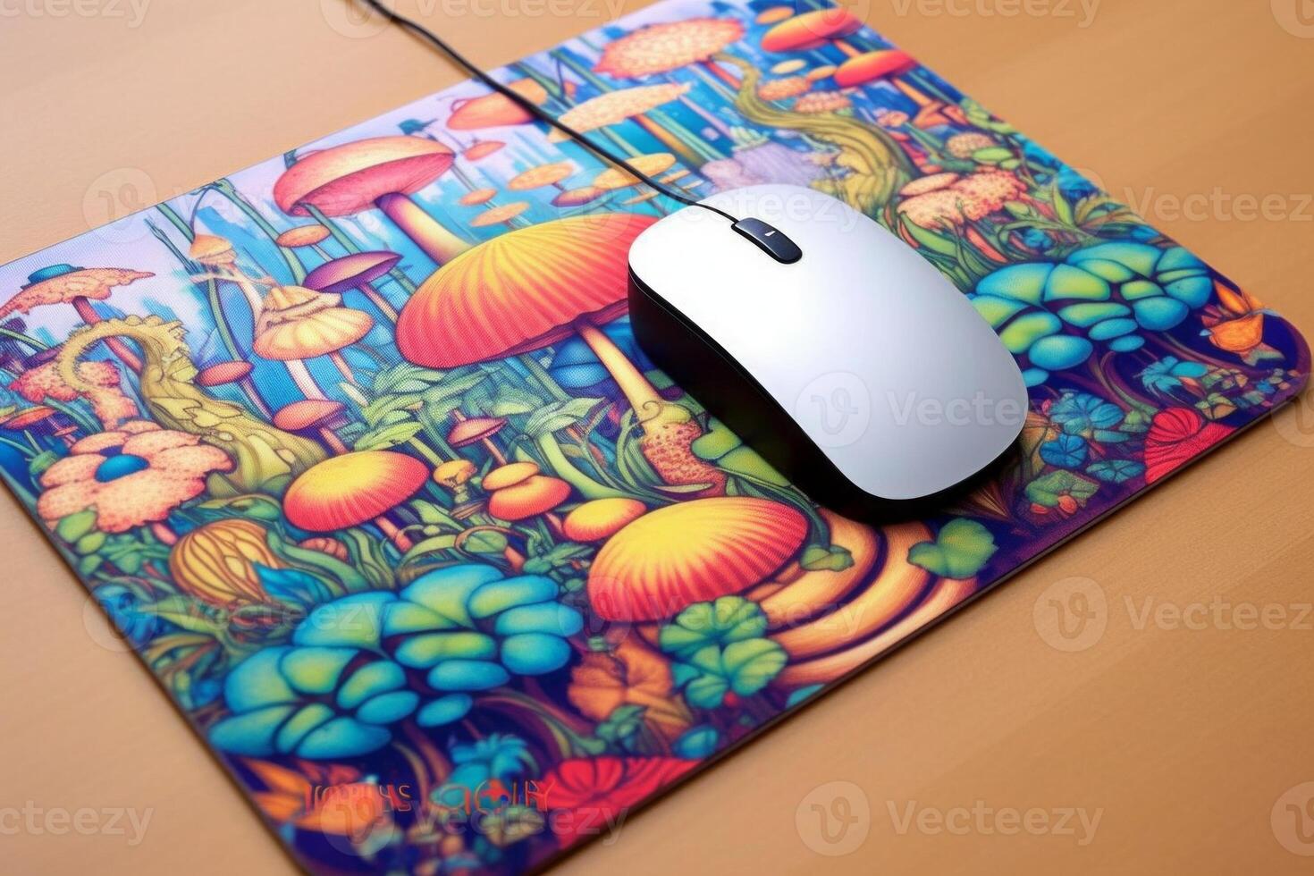Silver Computer mouse on colorful mouse mat on the table. photo