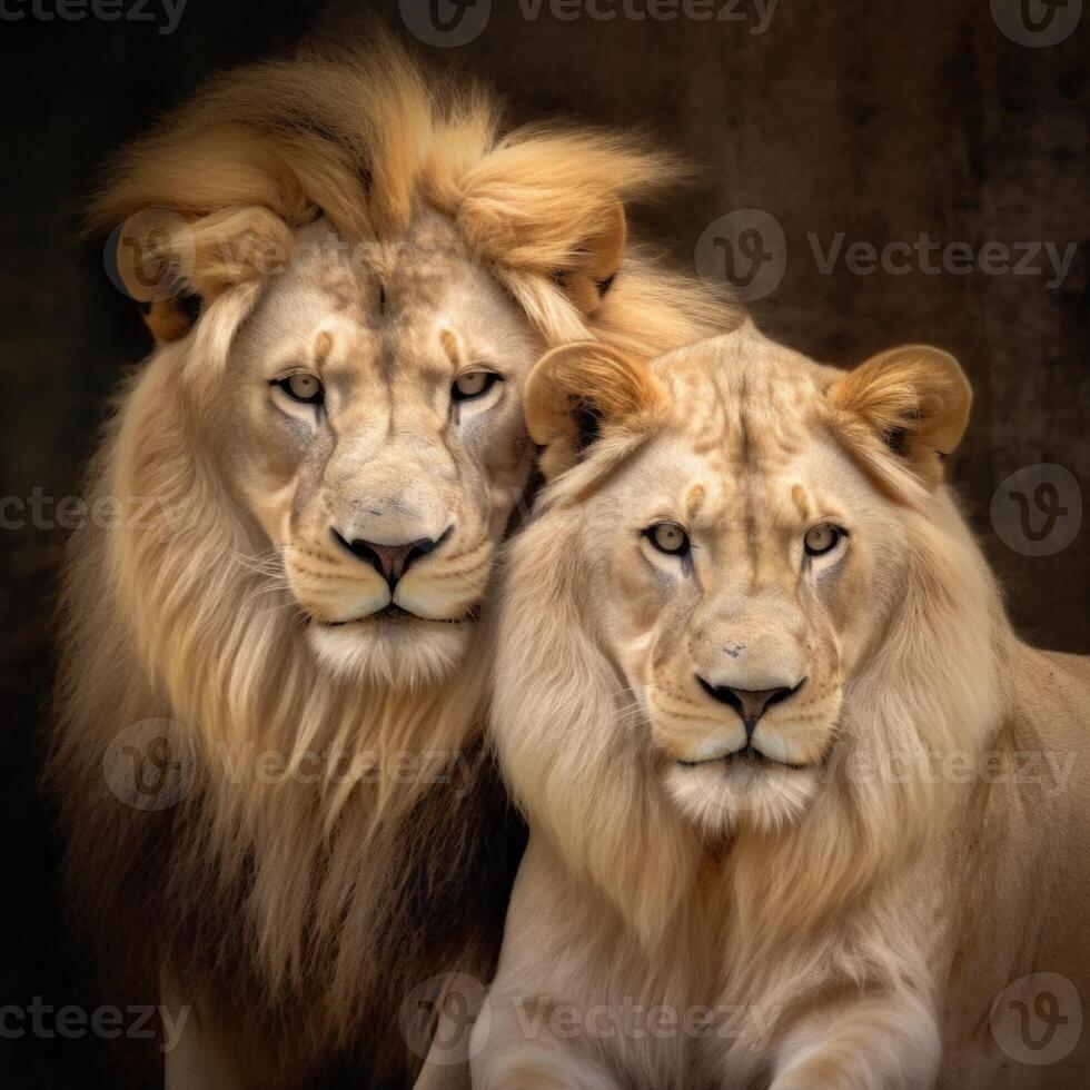 Majestic African lion couple loving pride of the jungle - Mighty wild animal of Africa in nature. photo