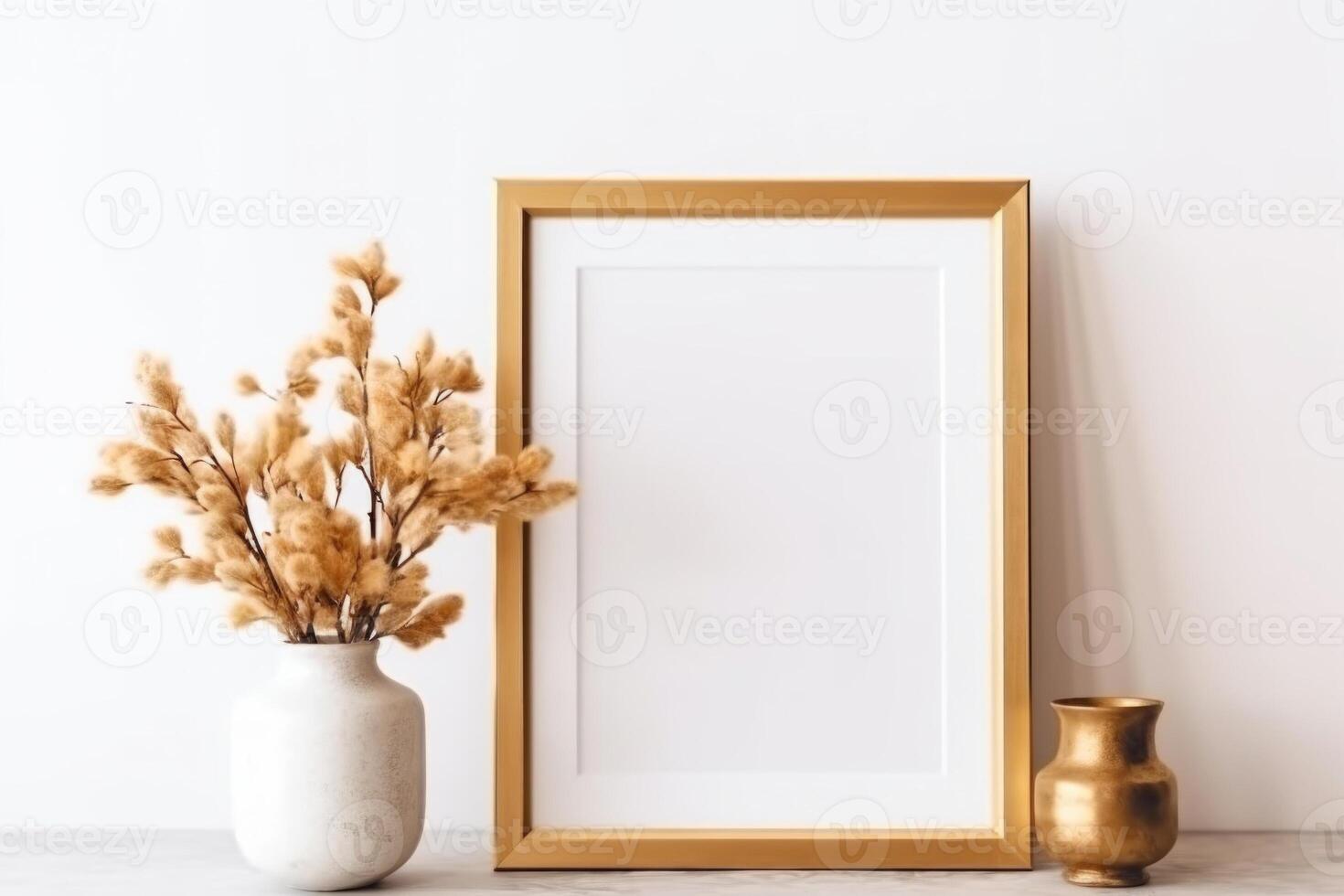 Design interior of living room with wooden console, mock up poster frame, flowers in vase and elegant personal accessories. Modern home decor. Template. photo