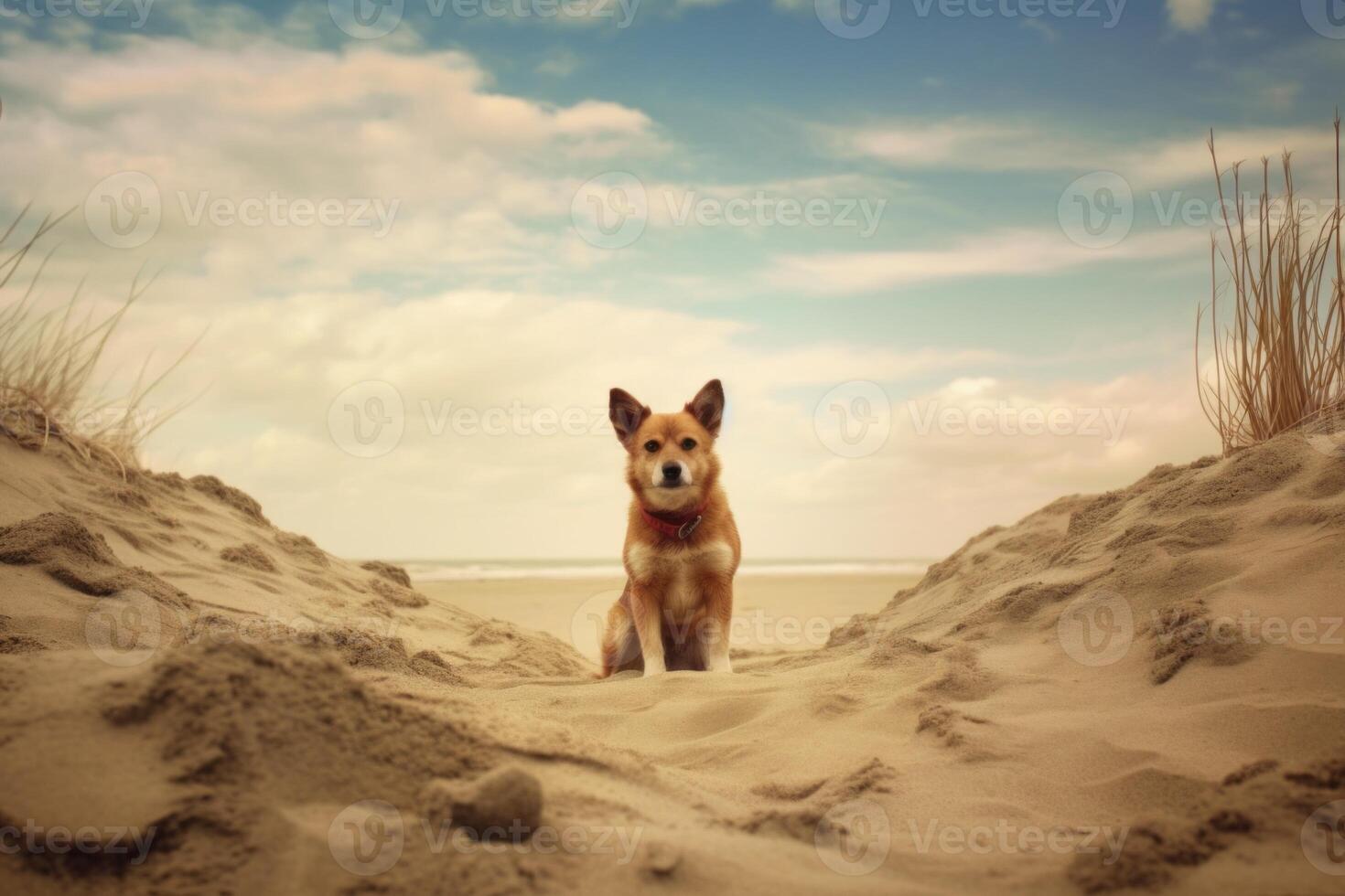 Dog sitting in the dunes. photo