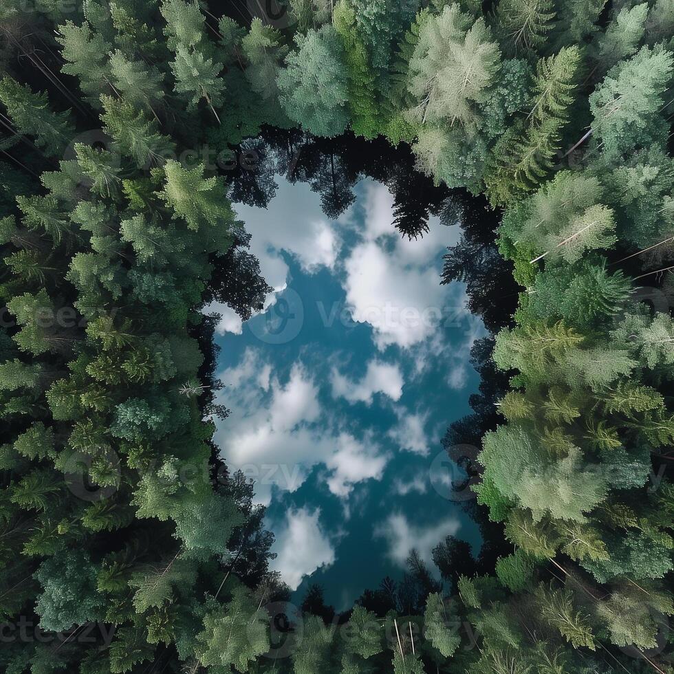Lake with reflections of the clouds with forest. Carbon neutrality concept photo