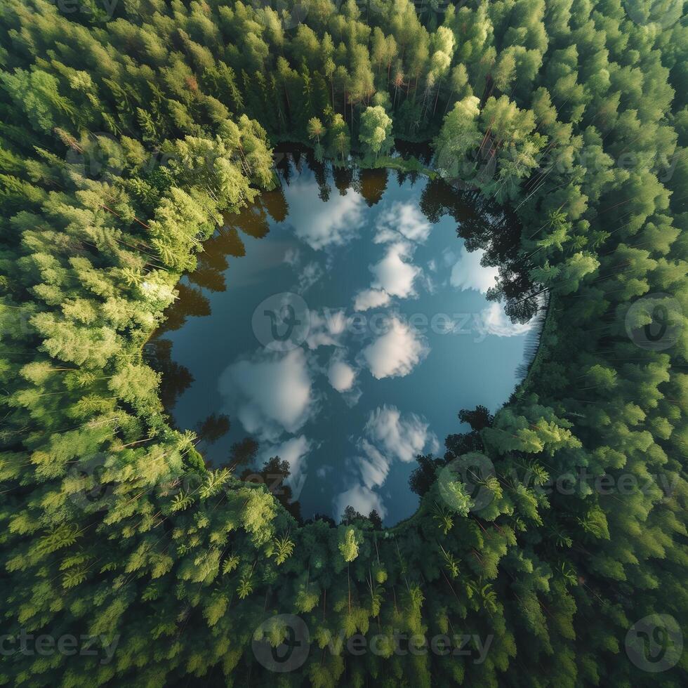A pine forest with lake aerial photo. Carbon net zero concept photo