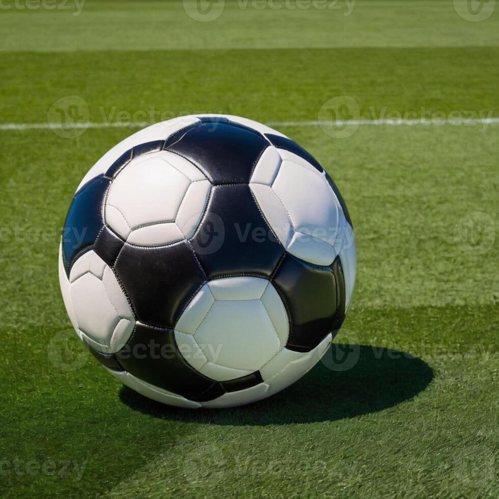 Soccer ball on the green grass of the stadium. Close-up. photo