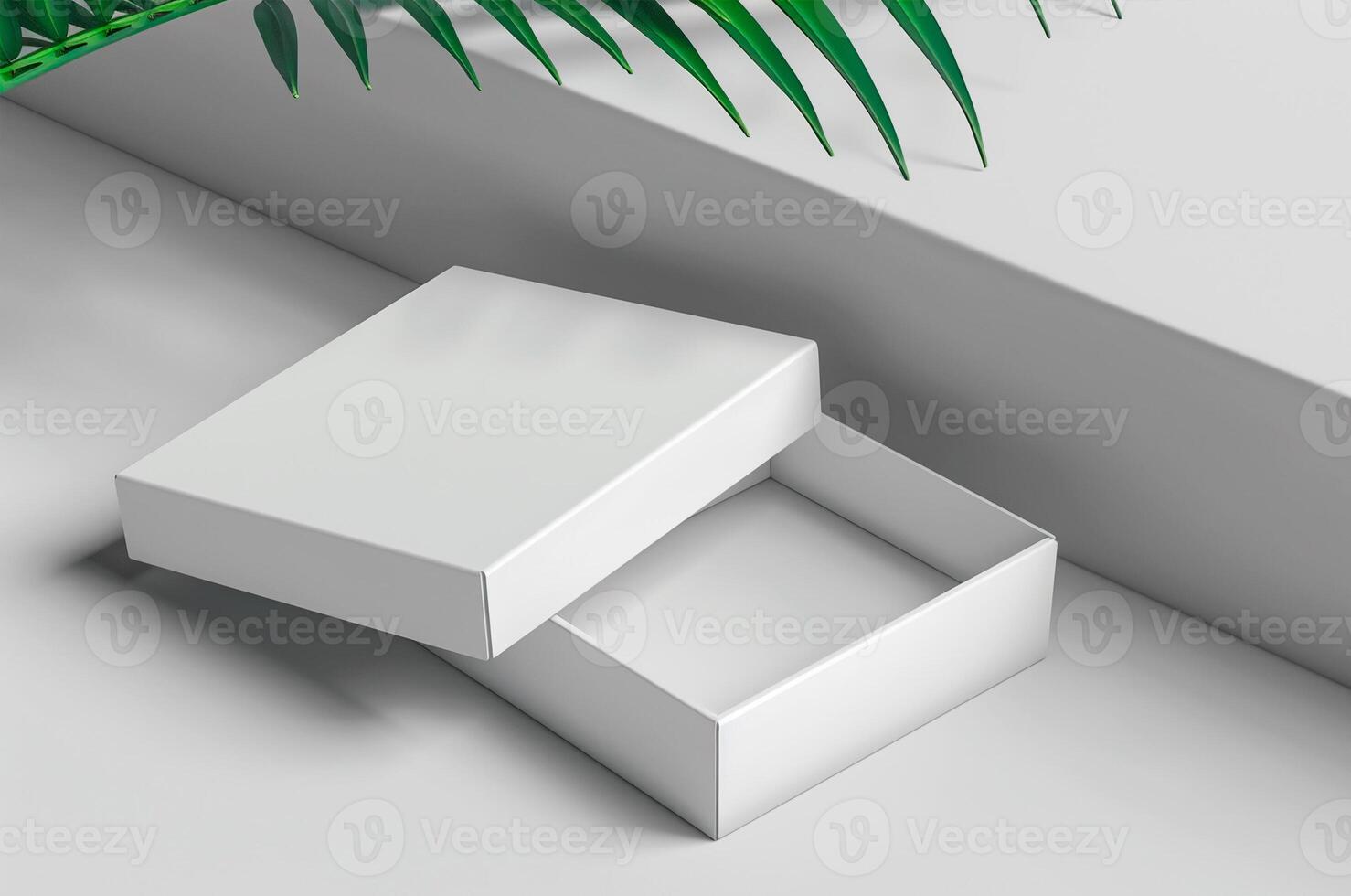 Mockup white box open, palm tree photo