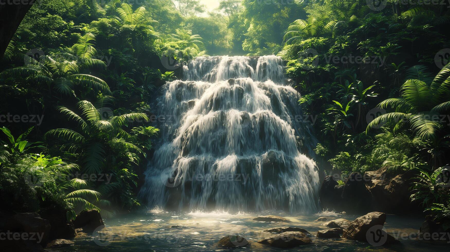 A waterfall surrounded by a dense jungle with lush greenery and rocks photo