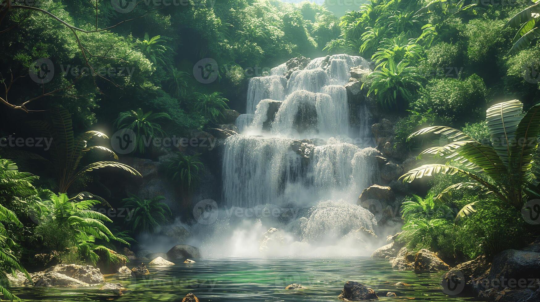 A waterfall surrounded by a dense jungle with lush greenery and rocks photo